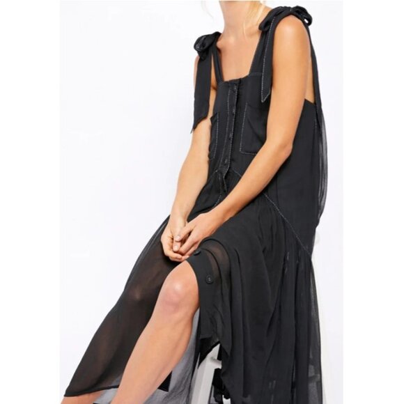 Free People Dresses & Skirts - Free People Lou Lou Utility Midi Dress Women Tie Shoulder Sheer w Lining XS